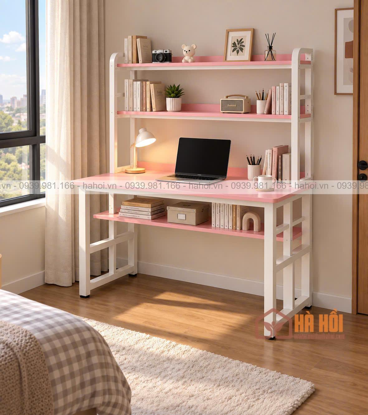 bàn liền giá sách màu hồng